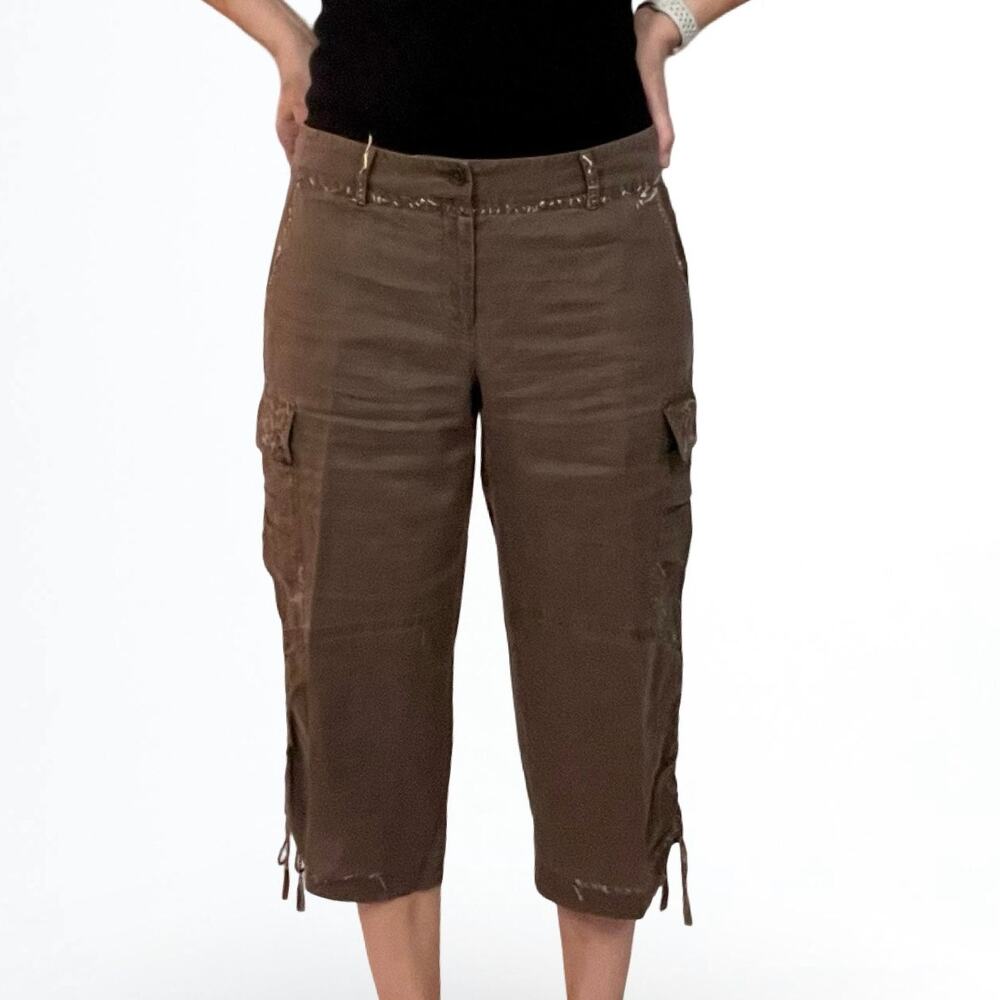 Vintage Tahari Brown Ramie Peasant Cargo Capri Pants Women’s 8 - Picture 2 of 12